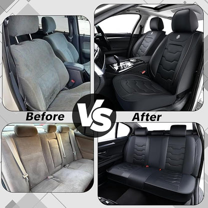 Black Car Seat Covers Complete Set, Universal Car Seat Covers for Cars, Premium Waterproof Leather, Protect & Upgrade Car Interiors, Airbag Compatible, Easy to Install & Clean Up