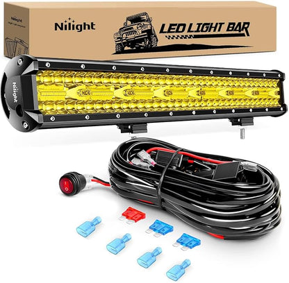 Nilight 20 Inch 420W LED Light Bar Yellow Triple Row Flood Spot Combo 42000LM Driving Boat Led Off Road Lights with 12V On/Off 5 16AWG Wiring Harness Kit, 2 Years Warranty
