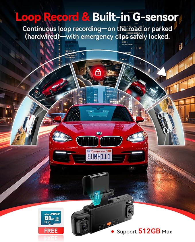 IIWEY N6 360° Dash Cam 4 Channel, 5.8G WiFi-6 (up to 20MB/s) with App, Free 128GB Card, FHD Front & Rear Inside Dash Cam for Car, 8 IR Lights Night Vision, GPS, 24/7 Parking Mode, G-Sensor