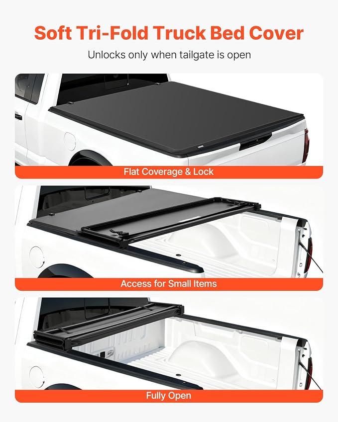 VEVOR Soft Tri-Fold Truck Bed Tonneau Cover, Compatible with 2015-2025 Ford F-150 5.5 ft (67.1 in) Bed, Waterproof Soft Folding Truck Tonneau Cover with 3-Layer PVC and Aluminum Alloy Support Bar