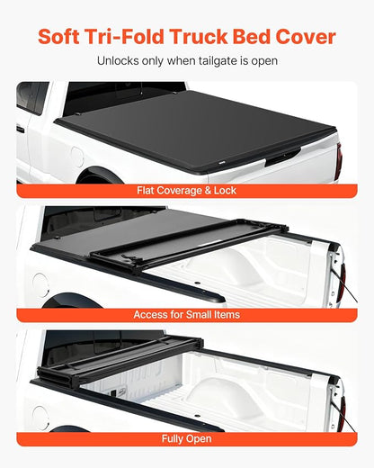 VEVOR Soft Tri-Fold Truck Bed Tonneau Cover, Compatible with 2015-2025 Ford F-150 5.5 ft (67.1 in) Bed, Waterproof Soft Folding Truck Tonneau Cover with 3-Layer PVC and Aluminum Alloy Support Bar