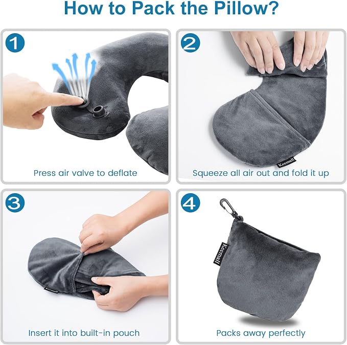 Keemall Inflatable Travel Neck Pillow, Super Soft Plane Neck Support Pillow for Travel Ariplane Sleep Support, Adjustable Neck Cushion Headrest Pillow, Folds Up Nicely, Black Grey