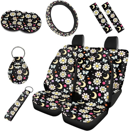 Daisy 10 Pcs Car Seat Covers Full Set, Crescent Moon Breathable Front Rear Seat Cover Steering Wheel Protector for Car Truck SUV, Countryside Flower Butterfly Universal Fit