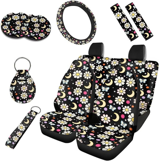 Daisy 10 Pcs Car Seat Covers Full Set, Crescent Moon Breathable Front Rear Seat Cover Steering Wheel Protector for Car Truck SUV, Countryside Flower Butterfly Universal Fit