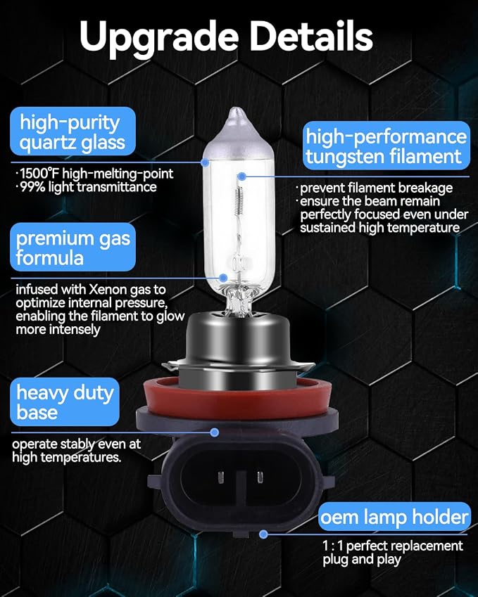 NEWBROWN H11 Headlight Bulb 200% brightness 4300K White 12V/55W H11 Bulb Halogen Long Life Replacement PGJ19-2 (H11, 2 Pack)