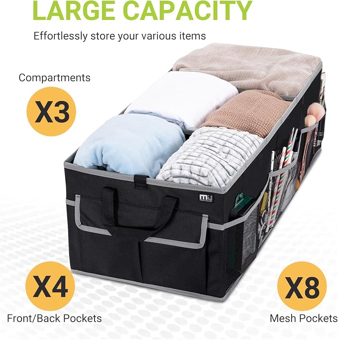 MIU COLOR Trunk Organizer for Car, SUV Trunk Organizer, 12 Pockets, Non-Slip Bottom, Sturdy Oxford Car Organizer for Sedans, Van, Jeep, Grocery, Large 3 Compartments, Black Gray, 32"×13"×10.6"