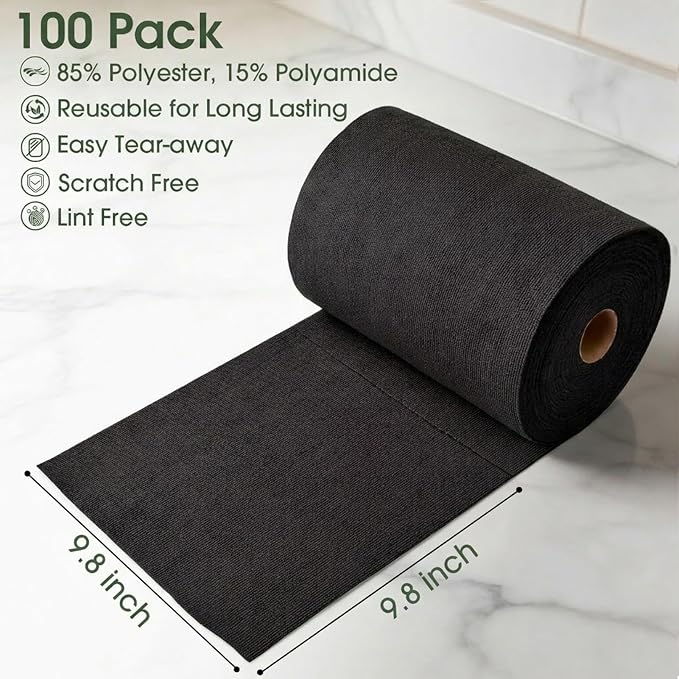 Microfiber Cleaning Cloth Roll - 100 Pack Tear Away Microfiber Paper Towels, Reusable, Washable, Scratch-Free, Kitchen Towels for Car, Home, Kitchen, Glass, Dishes (Black)