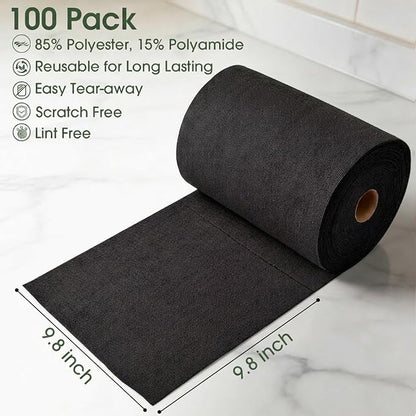 Microfiber Cleaning Cloth Roll - 100 Pack Tear Away Microfiber Paper Towels, Reusable, Washable, Scratch-Free, Kitchen Towels for Car, Home, Kitchen, Glass, Dishes (Black)