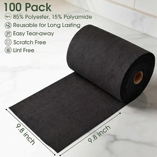 Microfiber Cleaning Cloth Roll - 100 Pack Tear Away Microfiber Paper Towels, Reusable, Washable, Scratch-Free, Kitchen Towels for Car, Home, Kitchen, Glass, Dishes (Black)