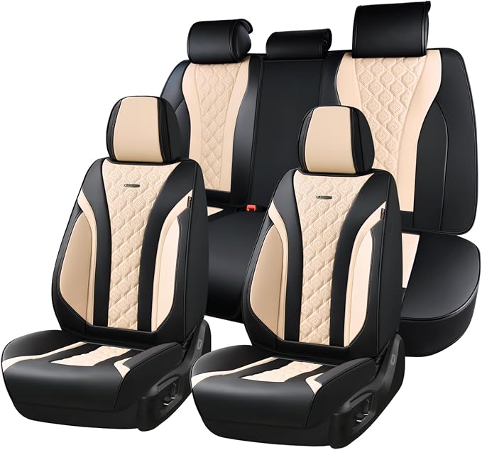 Coverado Car Seat Covers, Seat Covers Full Set, Black Beige Car Seat Cover, Perforated Diamond Leather Seat Covers for Cars, Luxury Car Seat Cushion, Auto Seat Covers Universal Fit Most Cars