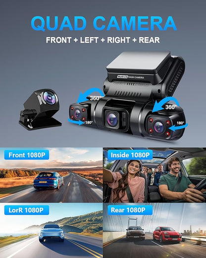 PRUVEEO 360° 4 Channel Dash Cam Front and Rear Inside Left Right, Dash Camera for Cars, Built-in GPS WiFi Night Vision, 24/7 Recording Parking Mode Monitor, 128G Card Included