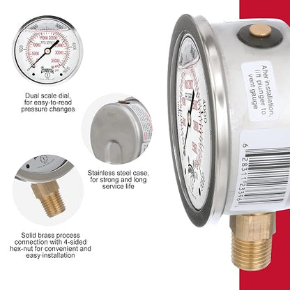 Winters 2-1/2" Dial Size, Liquid Filled Industrial Pressure Gauge, Brass Internals, Stainless Steel Case, Dual Scale 0-5,000 psi/kPa, 1.5% Acc, 1/4" NPT Bottom Mount, Glycerin Filled Pressure Gauge