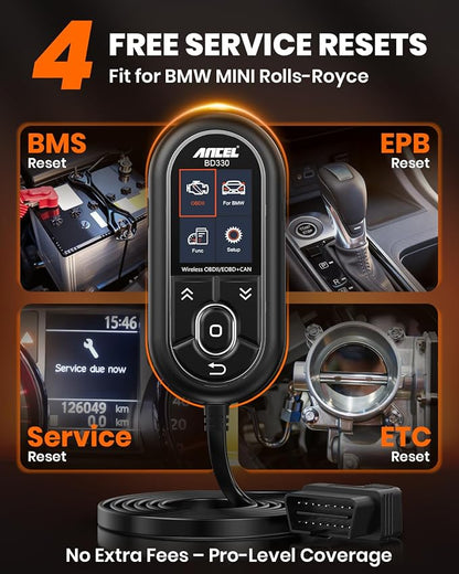 ANCEL BD330 BMW OBD2 Scanner for BMW, MINI, and Rolls-Royce Vehicles, ABS Full-System Diagnostic Scan Tool, Battery Registration/BAT Check, EPB/Oil/Throttle Reset, 3-in-1 Bluetooth/Wired/HUD- Black