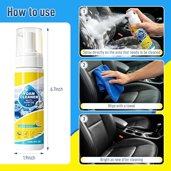 4-in-1 Foam Spray Cleaner - 2026 New Foam Cleaner Multi Purpose, New Foam No-Rinse Cleaner with Sponge and Towel for Car Interior, Kitchen Grease, Bathroom Tiles, Sofa Upholstery