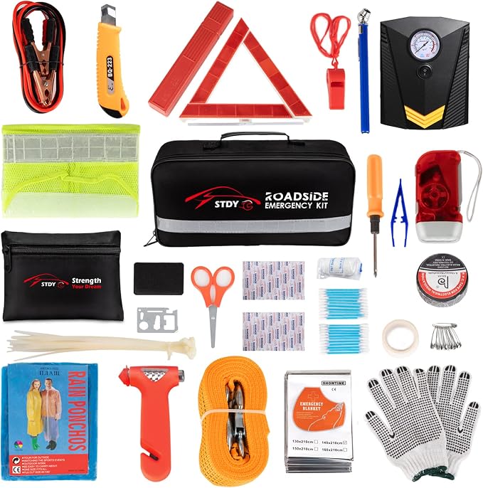 STDY Car Roadside Emergency Kit, Vehicle Truck Safety Road Side Assistance Kits Auto Accessory, with Jumper Cables, Portable Air Compressor, etc
