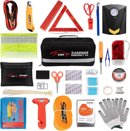 STDY Car Roadside Emergency Kit, Vehicle Truck Safety Road Side Assistance Kits Auto Accessory, with Jumper Cables, Portable Air Compressor, etc