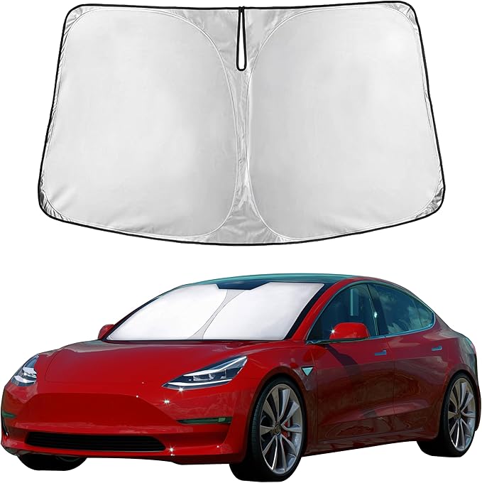 EcoNour Windshield Sun Shade Compatible for Tesla Model 3 & Model Y Juniper 2017-2024 2025 2026, Sun Visor for EV Front Window Sunshade, Foldable Heat & UV Protector, Car Accessories
