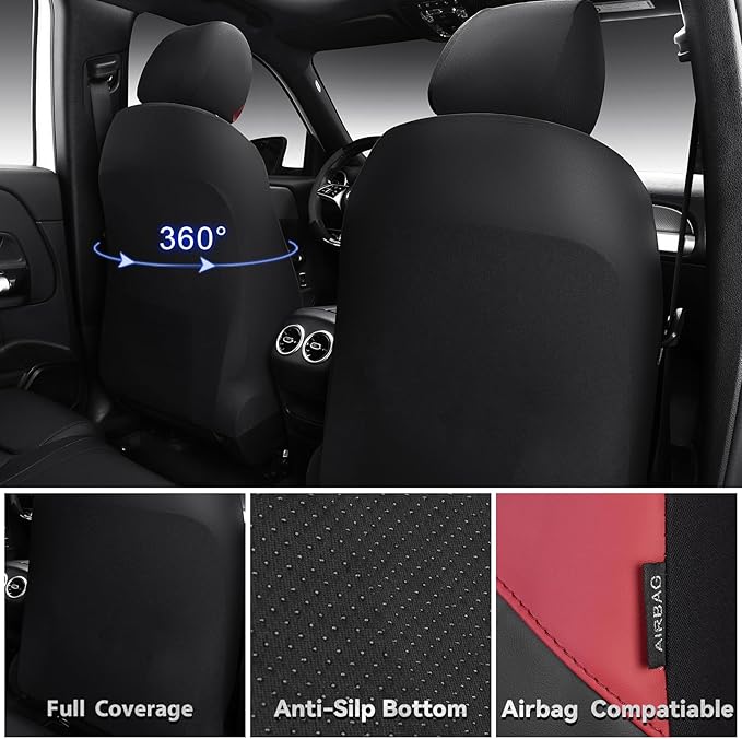 CAR PASS Memory Foam Leather Seat Covers Full Set, Breathable Perforated Nappa Leather Seat Covers Universal Fit for Most Sedans,SUV,Trucks Thick 3D Foam Comfort, Airbag Compatible Black Burgundy Red