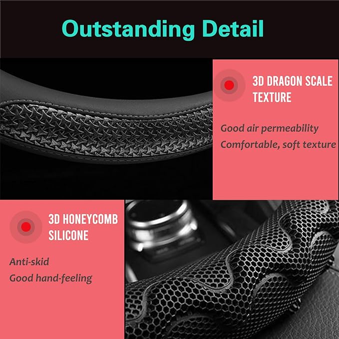 PINCTROT Steering Wheel Cover Great Grip with 3D Honeycomb Anti-Slip Design, Universal 14.5-15 Inch (All Black)