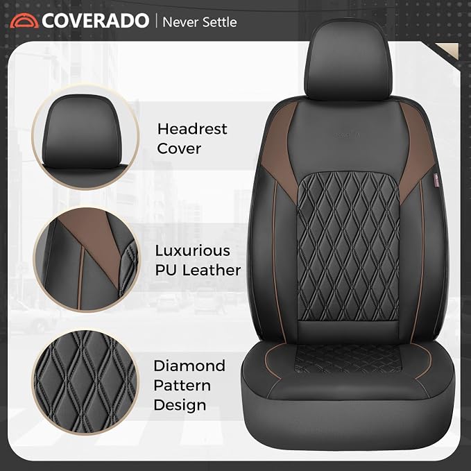 Coverado Leather Seat Covers, Front and Back Seat Covers for Cars, Waterproof Automotive Seat Covers Car Seat Protector Car Seat Cushion Universal Interior Truck Accessories Fit Most Cars Black&Coffee
