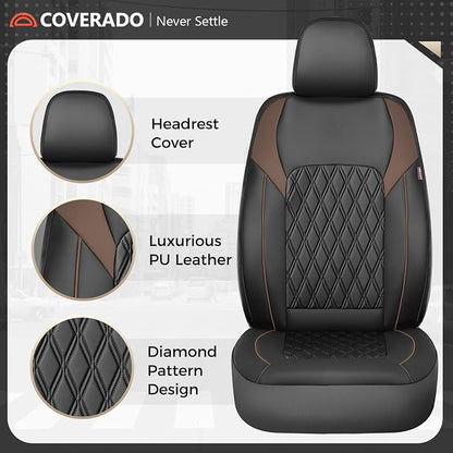 Coverado Leather Seat Covers, Front and Back Seat Covers for Cars, Waterproof Automotive Seat Covers Car Seat Protector Car Seat Cushion Universal Interior Truck Accessories Fit Most Cars Black&Coffee