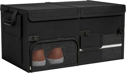 Foldable Car Trunk Organizer with Multi-Compartment – Expandable 30-60L Storage Bin, Side Mesh Pockets, Waterproof 600D Oxford Cloth, Car Accessories for SUV/Truck/Sedan, Black, 23.6"x13.0"x11.8"