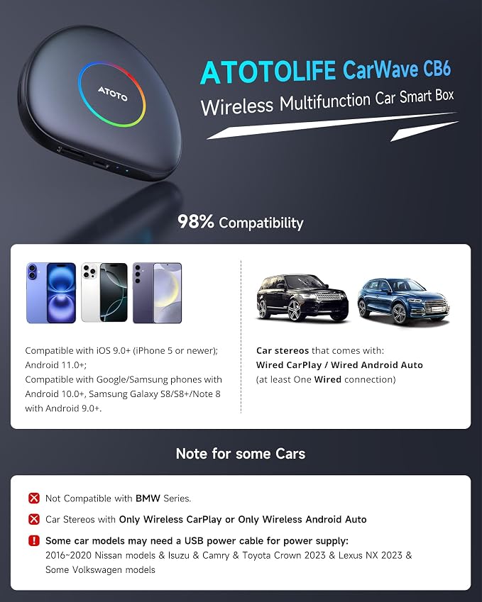 CB6C AI Box CarPlay, Wireless CarPlay/AndroidAuto Adapter with YouTube, Car Video Box with AI Assistant, GPS Navigation, Android 13, 4G LTE, Expandable to 256GB, Watch Videos in Your Car