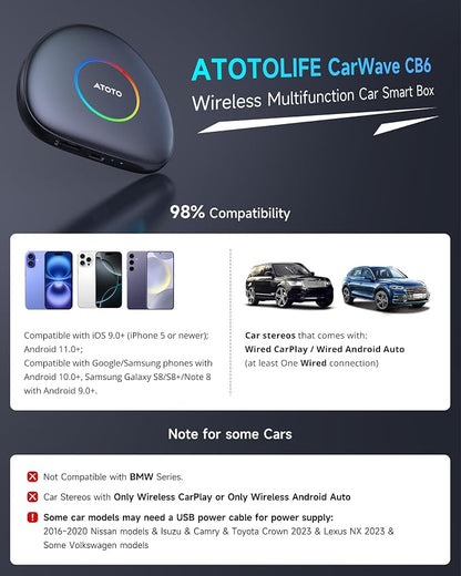 CB6C AI Box CarPlay, Wireless CarPlay/AndroidAuto Adapter with YouTube, Car Video Box with AI Assistant, GPS Navigation, Android 13, 4G LTE, Expandable to 256GB, Watch Videos in Your Car