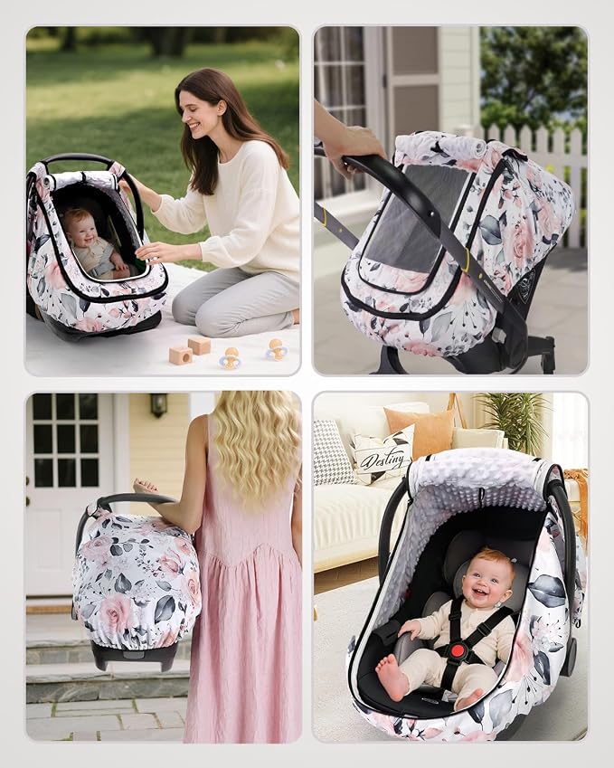 Car Seat Cover Baby Girls, Infant Car Seat Canopy Outdoor, 2 Layers with Mesh and Sun Shade Window for Summer Winter, Easy Access Carseat Covers Snug Fit Baby Stroller - Pink Floral