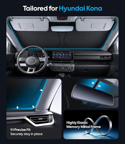 Wigoo for Hyundai Kona Windshield Sunshade [OEM Design, 100% Sun Blockage] Foldable Heat Insulation Sun Shade with Storage Bag, for Hyundai Kona (2018-2026), Silver Coating