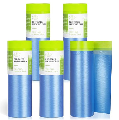 Tangibay Pre-Taped Masking Film for Painting - 70" x 66' Painters Plastic Sheeting for House & Automotive Paint, Tape and Drape for Covering Cars, Walls, Windows and Furniture Protection (5 Rolls)