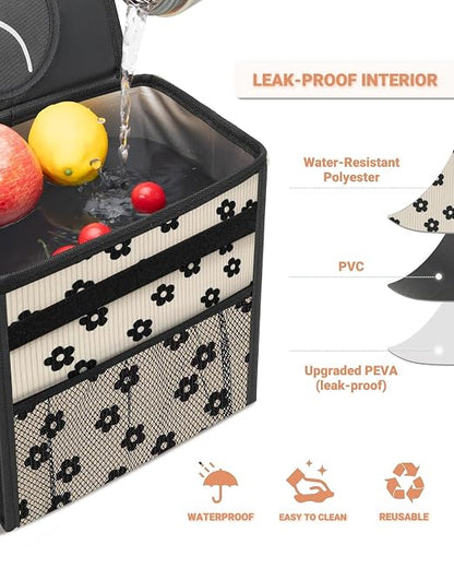 Capolo Car Trash Can with Lid, Leakproof Car Trash Bag Hanging Waterproof Automotive Garbage Can with Storage Pockets Mini Vehicle Trash Bin for Back/Front Seat(Black Flower,3 Gallon)
