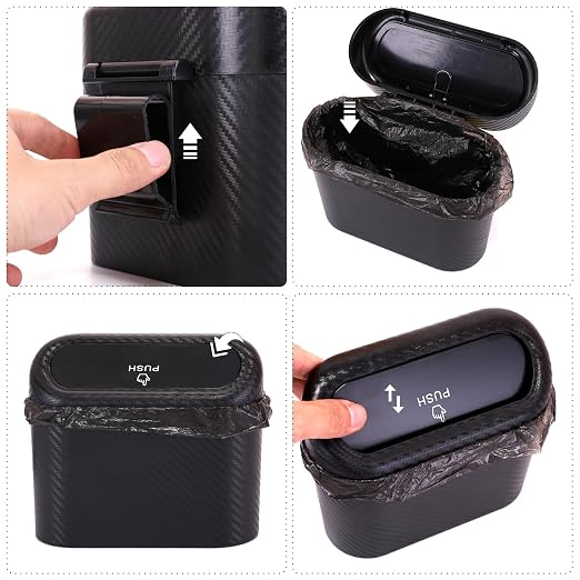 Ginsco Mini Car Trash Can with Lid, Small Car Garbage Can, Cute Leakproof ABS Car Trash Bin, Car Accessories for Interior, Garbage Bin for Car, Home, Office with 120pcs Trash Bags Carbon Fibre