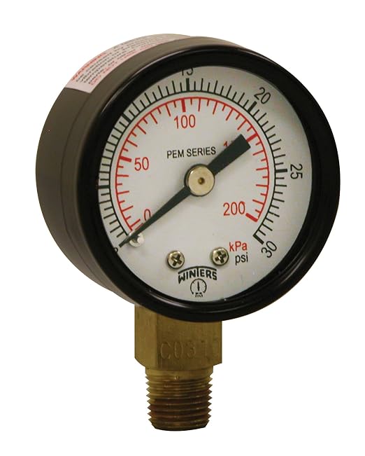 Winters 1-1/2 inch Dial Size, Economy Utility Dry Pressure Gauge, Brass Internals, Black Steel Case, Dual Scale 0-30 psi/kPa, 3-2-3% Accuracy, 1/8 inch NPT Bottom Mount, Multi Function Pressure Gauge