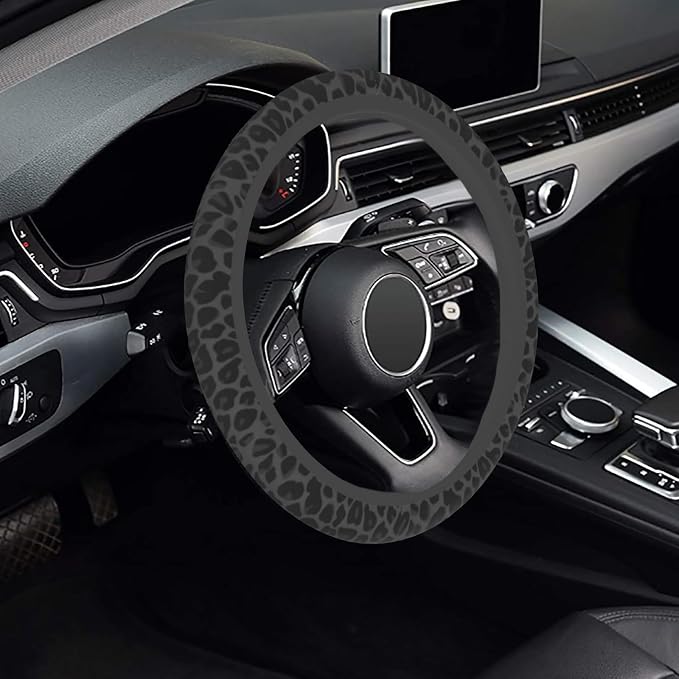 Black Leopard Cheetah Steering Wheel Cover, Anti-Slip Universal Car Steering Wheel Cover for Women Girls, Soft Breathable Neoprene 15 Inch Car Accessories Case fit for Cars Auto SUVs