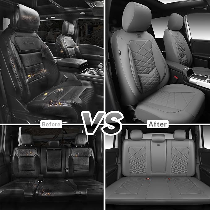 CAR PASS Luxury Nappa Leather Seat Covers Full Set, Water Resistant Faux Leather Seat Cover with Lumbar Support, Breathable Automotive Seat Covers Universal Fit for Sedan SUV Van Truck, Pure Gray