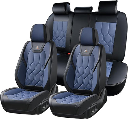 Huidasource Seat Covers Full Set, Universal Fit for Most Cars SUVs Trucks, Full Coverage Leather Seat Cover, Airbag, Cupholder Compatible, Seat Function Retain, Easy Install with Velcro, Black&Blue