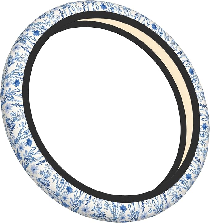 Blue Floral Steering Wheel Cover for Women & Men – Universal 15 Inch Car Accessories, Non-Slip & Stylish Design, Fits Most Cars, SUVs, and Auto
