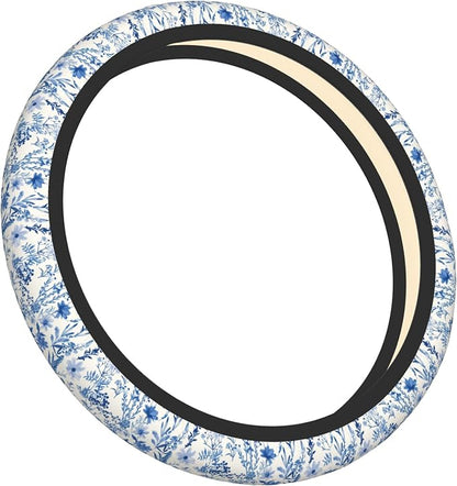 Blue Floral Steering Wheel Cover for Women & Men – Universal 15 Inch Car Accessories, Non-Slip & Stylish Design, Fits Most Cars, SUVs, and Auto