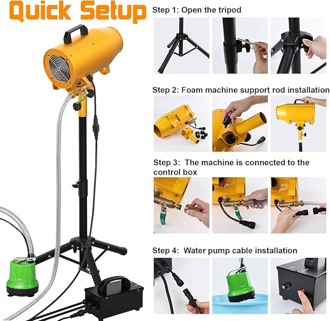 Foam Machine for Foam Party, 3–5m Spray Distance Foam Cannon, Iron Barrel Body, Waterproof Control Box, Water Pump, 4-Position Adjustable Tripod Stand, AC110V Outdoor Foam Maker