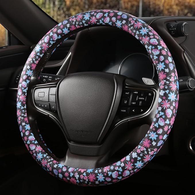 Floral Print Steering Wheel Cover with Silicone Inner Ring, Non-Toxic, Odorless Silicone Leather with Non-Fading Pattern for Men Women, Universal 14.5 to 15 Inch (Flower Print)
