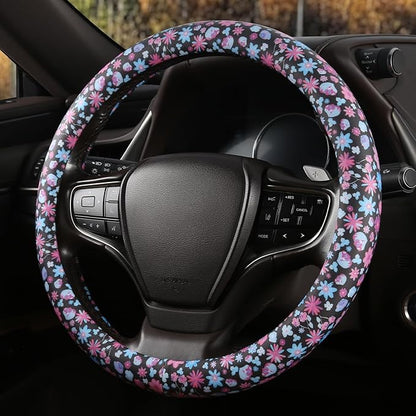 Floral Print Steering Wheel Cover with Silicone Inner Ring, Non-Toxic, Odorless Silicone Leather with Non-Fading Pattern for Men Women, Universal 14.5 to 15 Inch (Flower Print)