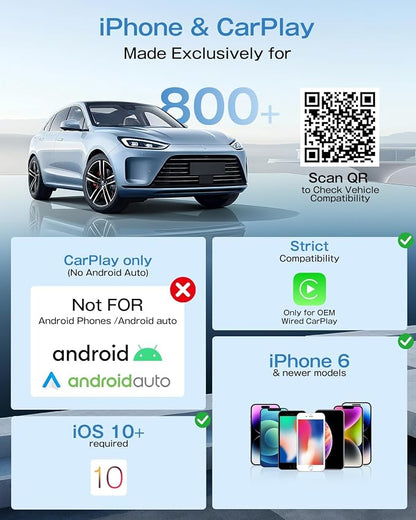 Wireless CarPlay Adapter for iPhone, 3X Faster Auto-Connect, No Lag, Plug & Play with Bluetooth 4 & WiFi 6, Mini Dongle, Includes USB & USB-C Extension Cable, Stable Wireless Conversion