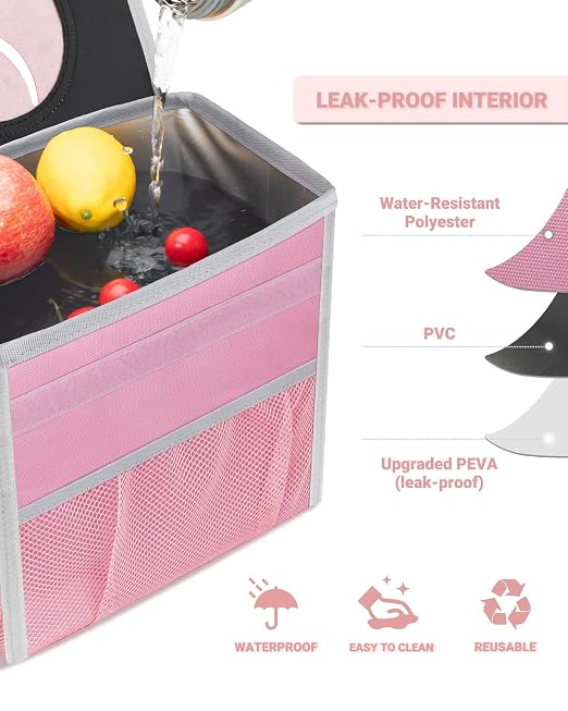 Capolo Car Trash Can with Lid, Leakproof Car Trash Bag Hanging Waterproof Automotive Garbage Can with Storage Pockets Mini Vehicle Trash Bin for Back/Front Seat(Pink,2.5 Gallon)