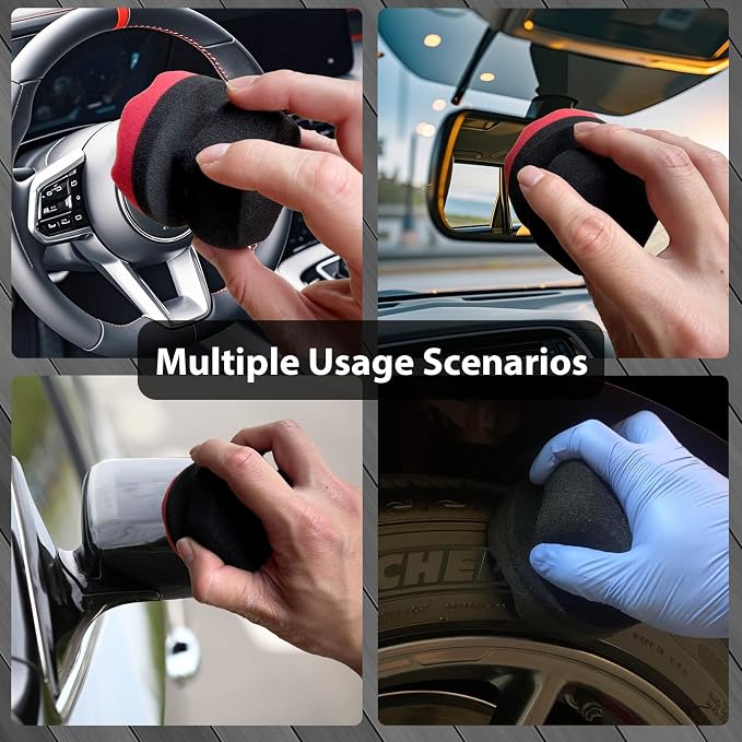 Tire Shine Applicator Pads, 4 Pcs Tire Dressing Applicator, Reusable Tire Shine Sponge Wave Contoured for Car Detailing, 3.15inch (2 Red & 2 Black)