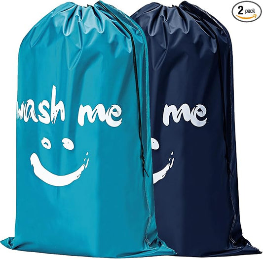HOMEST 2 Pack XL Laundry Bags 28" x 40", Extra Large Dirty Clothes Organizer Holds 3-4 Loads, Machine Washable Drawstring Laundry Bag for Dorm, Camp, Laundromat, Family, Travel, Sky blue & Blue