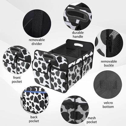 Trunk Organizer for Car, 72L Collapsible Waterproof Car Organizers and Storage, Car Accessories for Women and Men, Multi-Compartment Storage Organizer for SUV, Cow Print
