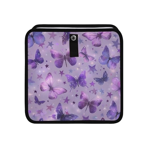 Car Trash Can Organizer Bin with Adjustable Strap for Back Front Seat Console Waterproof Leakproof Collapsible Portable 11 Inch Purple Dreamy Butterflies and Stars