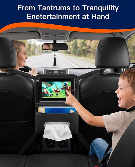 Divided Car Purse Holder Between Seats, PU Leather Front Seat Storage Bag with Backseat Tissue Holder & Tablet Pocket, Car Handbag Organizer for Small Wallet & Water Bottle, Automotive Accessories