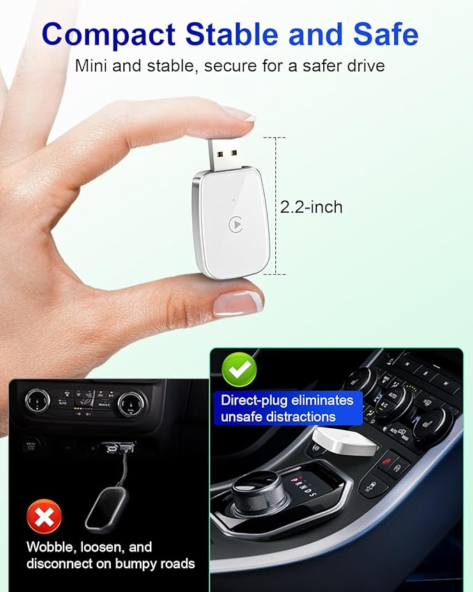 Wireless CarPlay Adapter for Apple iPhone, Convert Wired CarPlay to Wireless, Mini Size with USB-A to USB-C Adapter, Stable Control & No Delay Latency, White